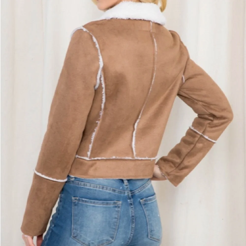 Faux Suede Sherpa Lined Short Moto Style Jacket - Picture 10 of 11